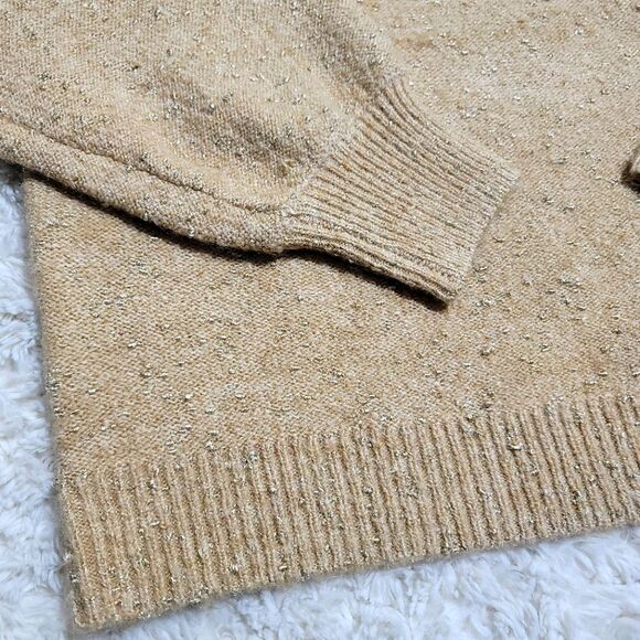 LOFT Tan & Gold Glitter Metallic Flecked V- Neck Ribbed Sweater - Picture 3 of 8